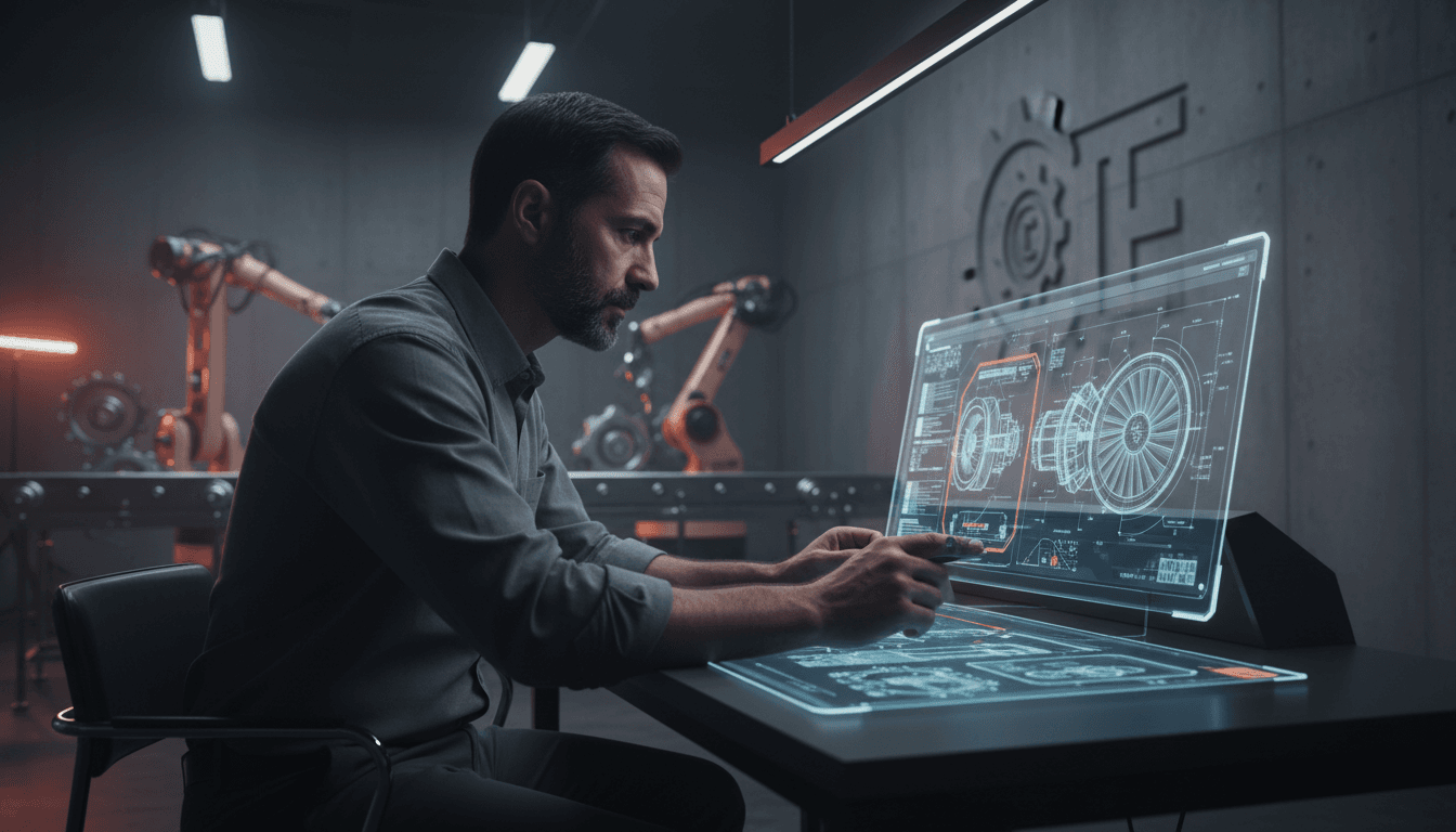 Ingeniero especializado en sistemas de energía analizando esquemas técnicos de maquinaria industrial